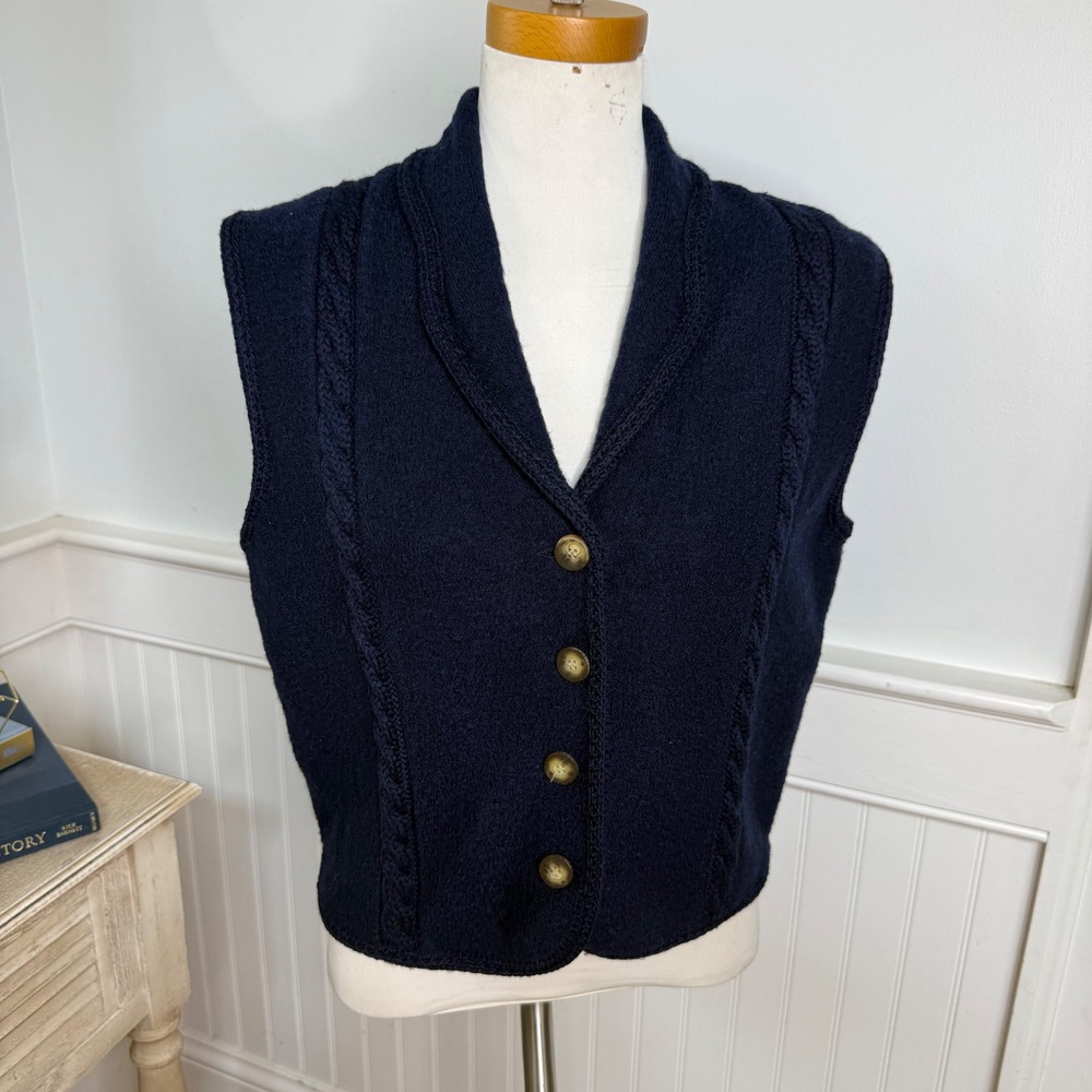Susan Bristol Vintage 1993 Navy Blue 100% Wool Cable Knit Shawl Collar Vest M